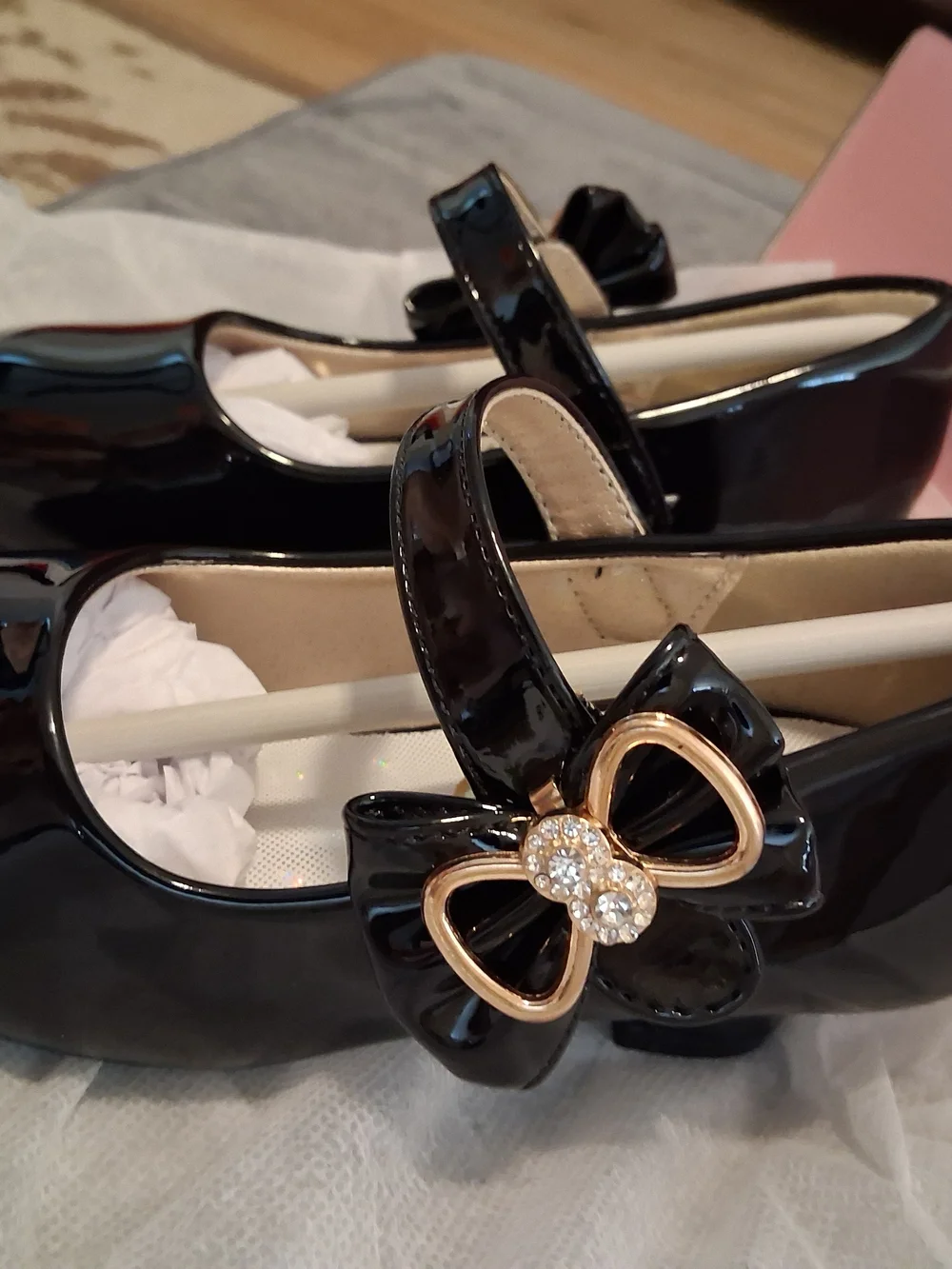 Eithy Black Patent Mary Jane Shoes W/Gold Bow Rhinestone US SIZE 9